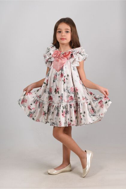 Floral Girl's Dress with Bow Collar Detail, Special Design Children's Dress, Birthday Dress