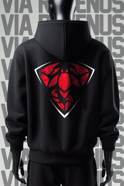 Scorpion Front and Back Printed 3 Thread Wide Pattern Black Hooded Sweatshirt