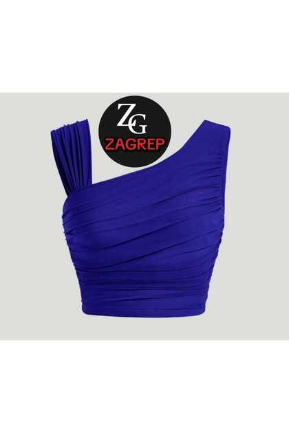 Women's Saks Blue Crop Top with Shoulder Detail, Draped Gathered Sleeves, No Show Sleeves, Silk Jersey Crop Top
