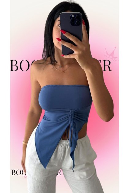 Women's Blue Asymmetrical Strapless Tie-Up Crop Blouse Sandy Fabric
