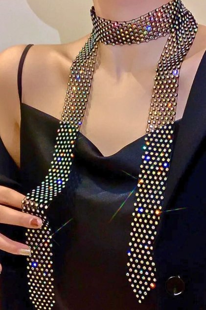 Rhinestone Tie Choker Necklace