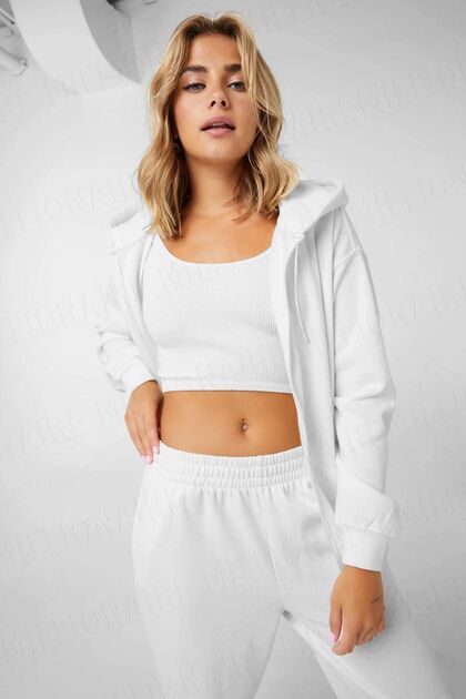 Women's White Hooded Zippered 3 Three Thread Fleece Kangaroo Oversize Loose Sweatshirt Zip up Hoodie