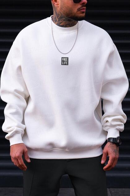 Weißes, dickes, weiches 3-fädiges, bedrucktes Free Life Oversize-Sweatshirt mit Rundhalsausschnitt für Herren