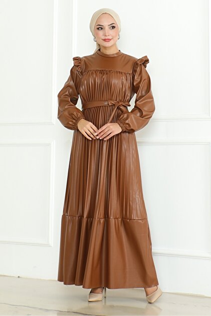 Bestenur Brown Leather Dress 1191 - Pleated and Ruffle Detail- Trendyol