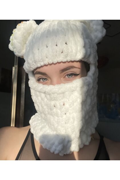Stylish White Puffy Snow Mask, Soft, Beanie and Neck Collar Design, Hat, Winter, Beret, Balaclava