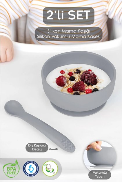 Vacuum Silicone Baby Food Bowl - Vacuum Bottom Silicone Bowl - Silicone Teether Spoon - Gray