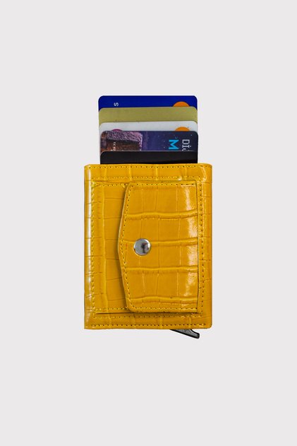 Croco Yellow Automatic Card Holder Wallet with Malta Mechanism and Coin Compartment
