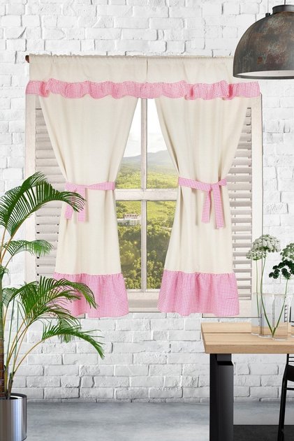 Naturel Perde Farbalı Vintage Çift Kanat Krem Pembe