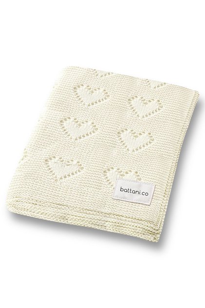 Knitted Baby Blanket for Baby Girl and Boy 90cm X110Cm Basic Hearts Ecru