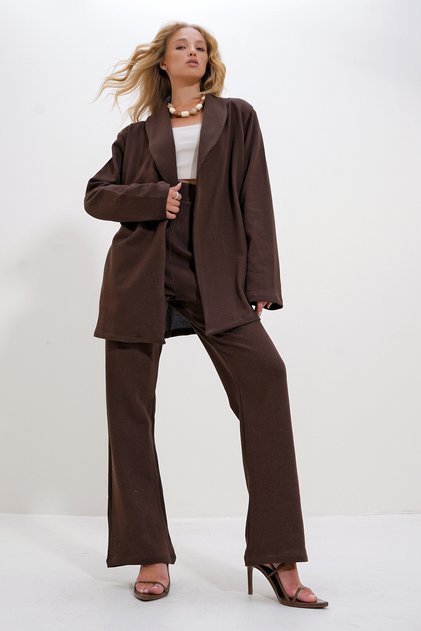 Women's Brown Shawl Collar Open Front Jacket and Palazzo Pants Suit Alc-X12483