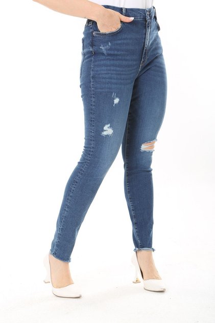 Women's Plus Size Navy Blue High Waist Ripped Detail Skinny Jeans 65N38030