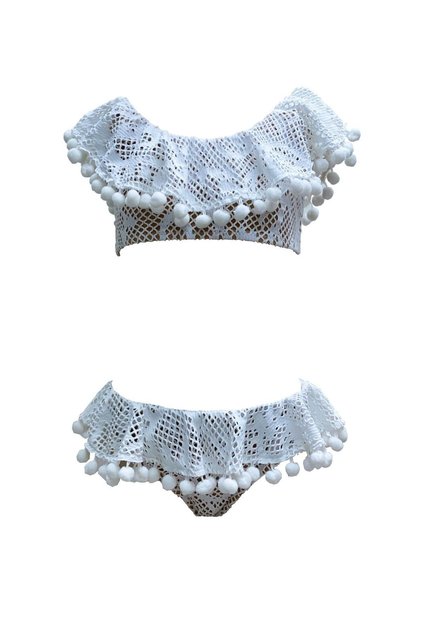 Crochet Lace Embroidered Pompom Detailed Ruffled 50Uv Girls' Bikini Set