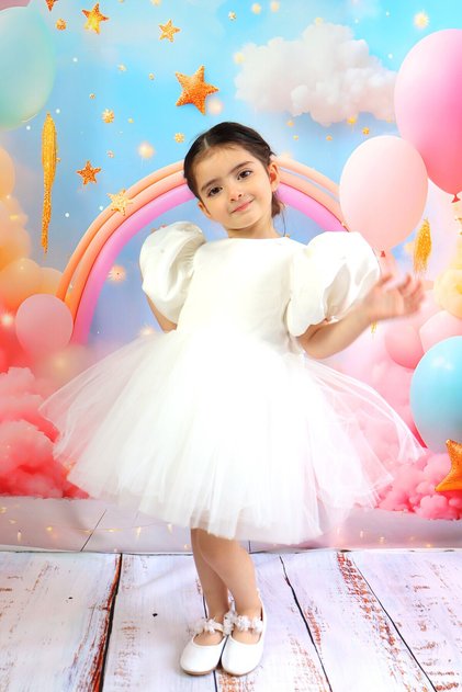 Girl's Dress, White Balloon Sleeve Pearl Detail Birthday Dress, Evening Dress, Christmas