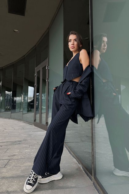 Premium Navy Blue Women's Jacket Vest Trousers Set