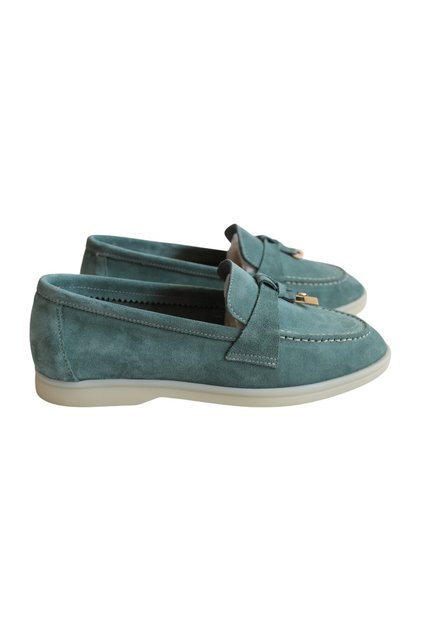 Genuine Leather Blue Suede Women's Loafer Shoes – Comfortable Casual Moccasin Flats with Bow