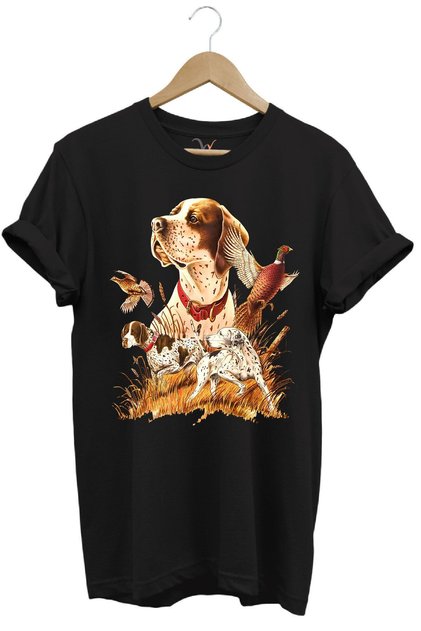 Hunting Pattern Hunting Dog English Pointer Setter Pheasant Wild Life Printed Regular Fit Black T-Shirt