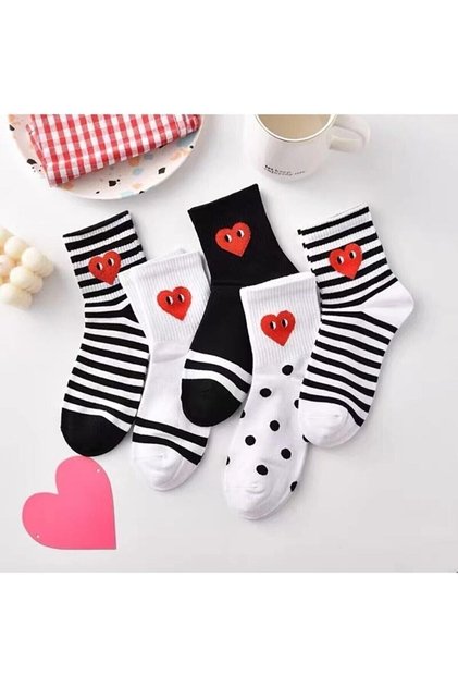 Women's Black and White Striped Heart Patterned Half Socks Set 5 Pairs