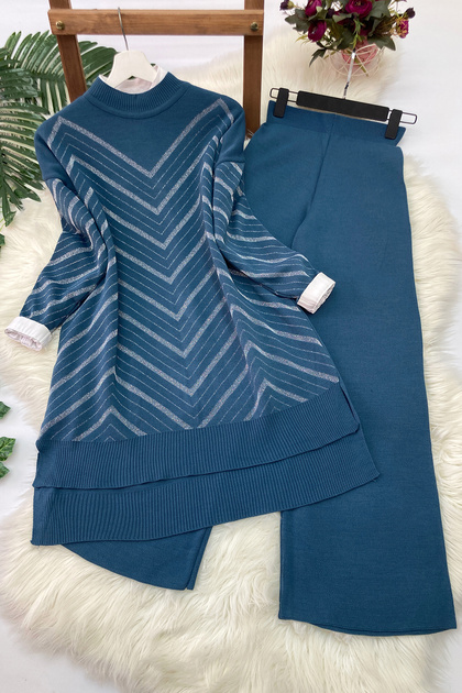 Set tunică și pantaloni din tricot cu sclipici - indigo