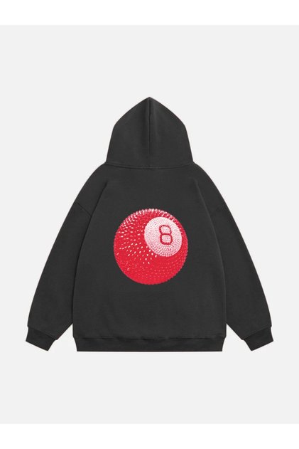 Unisex Red 8 Ball Printed Hooded Fleece Oversize Sweatshirt