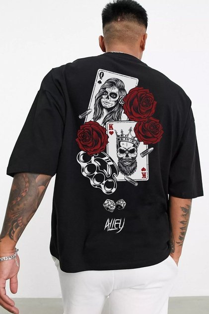 Card Printed Black Oversize Unisex T-shirt