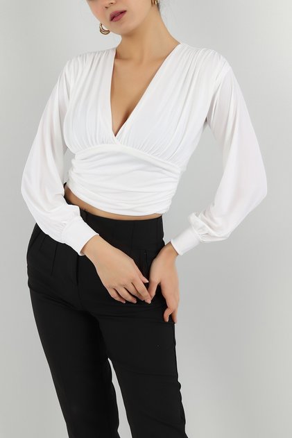 Women's Ecru Deep V-Neck Waist-Banded Crop Sandy Knitted Blouse 6808