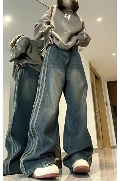 Y2k Newstyle Limde Detail Vintage Wide Leg Jean Bol Paça Kot Pantolon