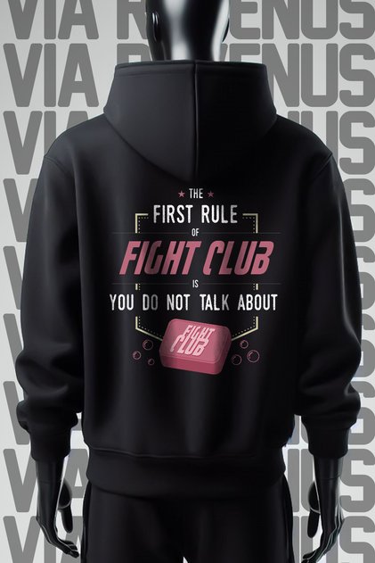 Fight Club Rules Front and Back Printed 3 Thread Wide Fit Black Hooded Sweatshirt