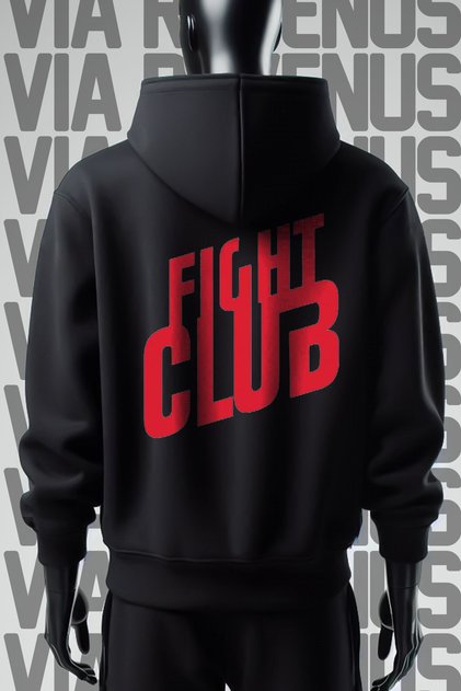Fight Club Front and Back Printed 3 Thread Wide Pattern Black Hooded Sweatshirt