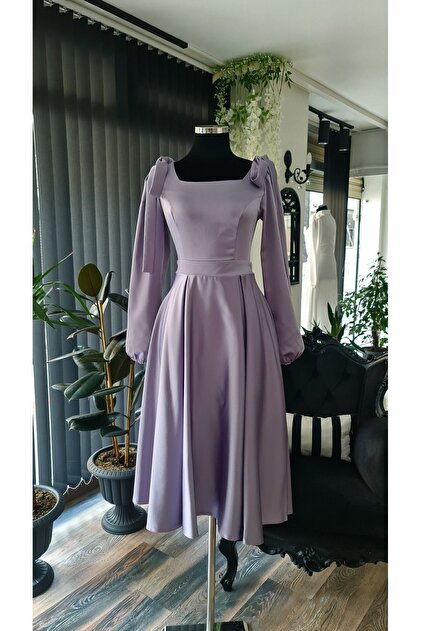 makbuleofficial Lilac Satin Midi Engagement Graduation Dress - Shoulder Bow  Detail- Trendyol