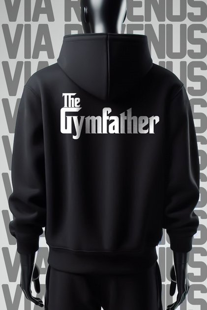 سويت شيرت The Gymfather ذو القلنسوة الأسود ذو الطباعة الأمامية والخلفية بثلاثة خيوط وقصة واسعة