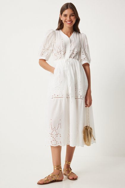 Women’s White V-Neck Ruched Eyelet Summer Dress ES00166