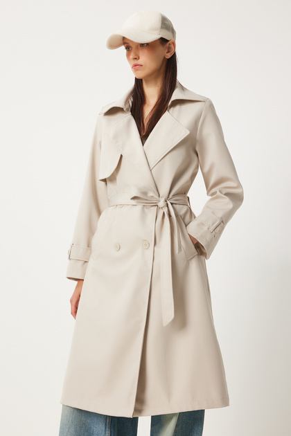Happiness İstanbul Cream Colored Women's Long Trench Coat
