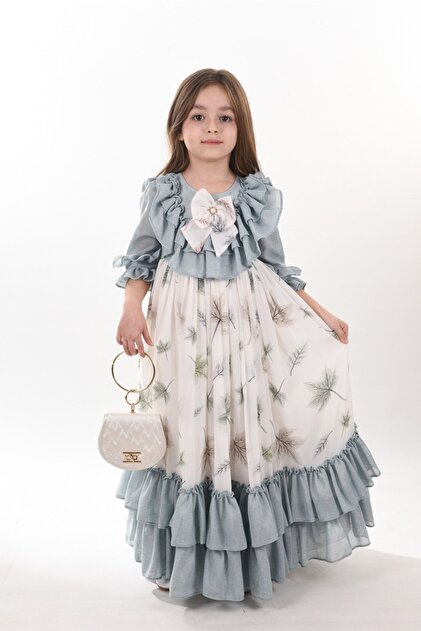 MIALORA EXCLUSVE By Emel Ebru zdemir Special Design, Leaf Patterned  Girl's Long Dress, Girl's Graduation Dress with Bag- Trendyol