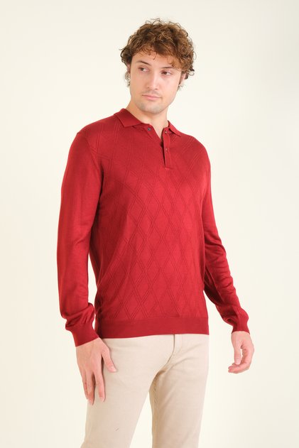 Men's Diamond Patterned Polo Collar Mercerized Sweater Red