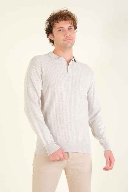 Men's Patterned Polo Collar Sweater Stone