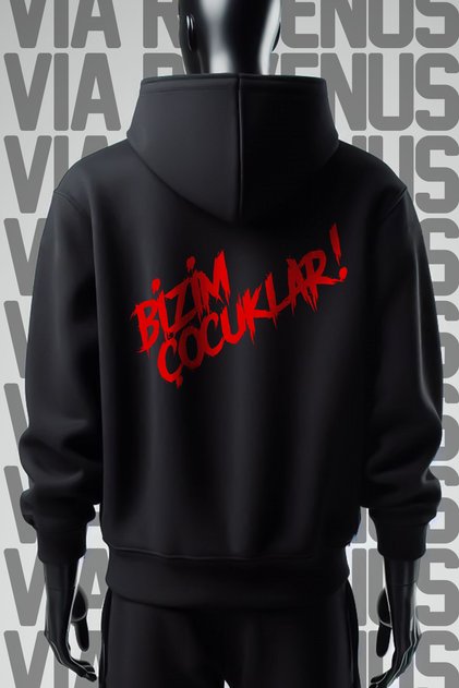 Our Kids Front and Back Printed 3 Yarn Wide Fit Black Hooded Sweatshirt