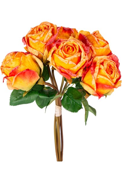 Floare artificială, Buchet de trandafiri, Galben-Roșu - Buchet de 6 bucăți, 37 cm