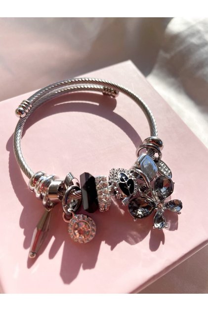 Black Crystal Butterfly Pattern Steel Bracelet - Tarnish and Charm Bracelet I with Special Box