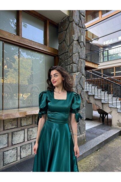 BEYZATURAN Emerald Green Satin Dream Dress- Trendyol