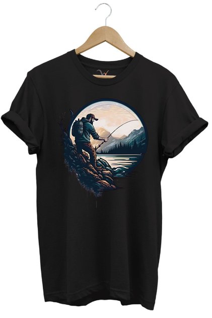 Fisherman's Special Design Fishing with Fishing Rod and Catching Fish and Nature Summer 100% Cotton T-Shirt