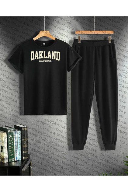 Unisex Oakland Baskılı Oersize t-shirt eşofman 2'li alt süt takımı