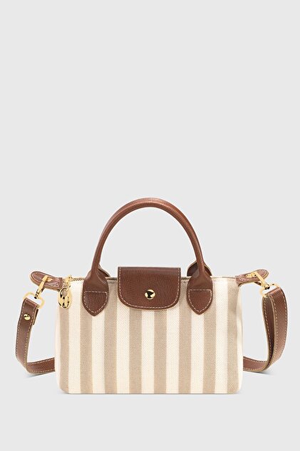 Cream Striped Pu Leather - Versatile Crossbody Bag