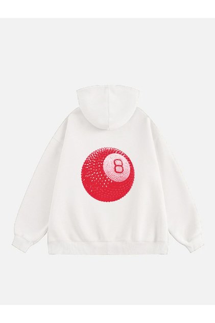 Unisex Red 8 Ball Baskılı Kapüşonlu Polarlı Oversize Sweatshirt