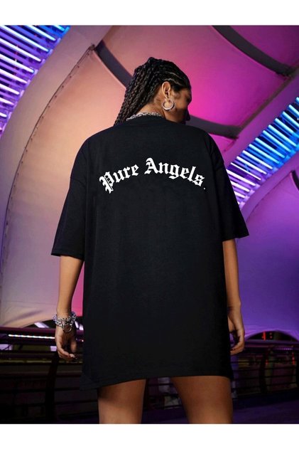 Női fekete Oversize Pure Angels nyomott póló