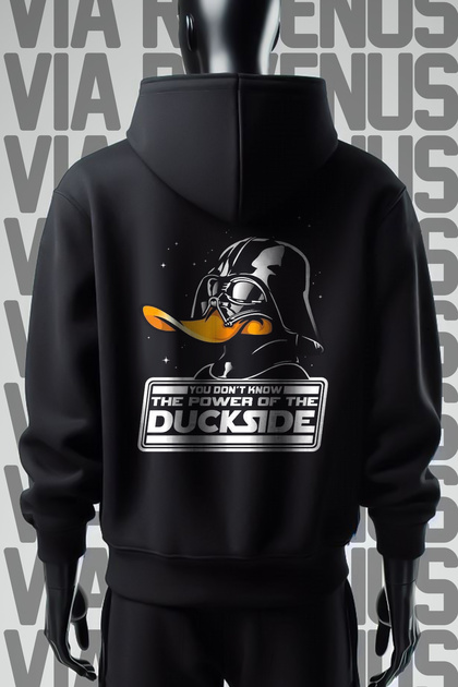 سويت شيرت بقلنسوة أسود بطباعة جانبية أمامية وخلفية من Duck Side، ذو تصميم واسع وثلاثة خيوط