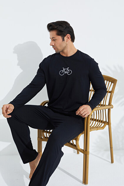 Siyah İnci lacivert Uzun Kollu Örme Erkek Pijama Takım 7795