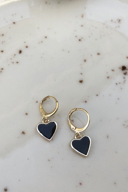 Women's Enamel Filling Detailed Heart Model Small Size Hoop Earrings Black