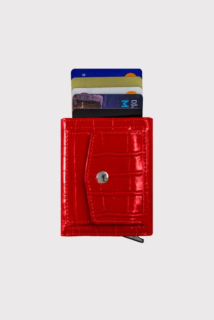 Croco Red Automatic Card Holder Wallet with Malta Mechanism and Coin Compartment