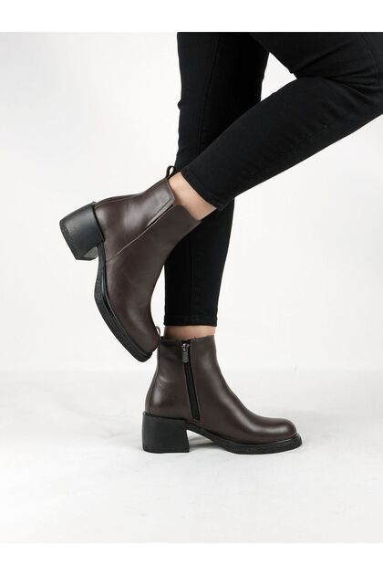 Genuine Leather Heeled Rubber Sole Women's Boots