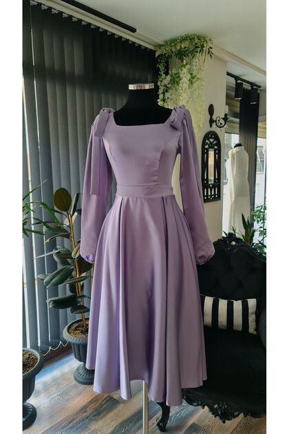 purple graduation dress midi makbuleofficial Lilac Satin, Bow on the Shoulder, Length, Promise Engagement All-Seasons